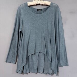 Lisa Bayne Linen Tunic Top Medium Blue High Low Long Sleeve Lightweight